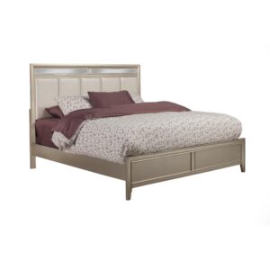 Silver Dreams panel bed features a beautiful silver finish. Alpine takes pride in the quality of the products they make. Constructed with Pine Wood Solids & Veneer.  Upholstery on the headboard features faux leather. Box spring is required.  Headboard also features mirror accents while the footboard has textured accents.  Mattress is not included.