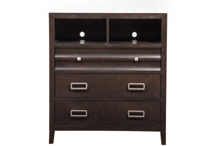 The Legacy wood bedroom media chest features a classic black cherry finish.  Alpine Furniture takes pride in the quality of their product