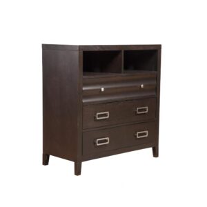 crafted with Plantation Mahogany Wood Solids & Okoume Veneer.  3 drawers for storage feature ball bearing metal drawer glides and French & English Dovetail construction with a felt lined top drawer. Holes in open storage area for electrical wires.