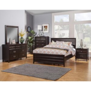 The Legacy queen wood panel bed features a classic black cherry finish.  The wood headboard will surely add a fashion statement to your room. Alpine takes pride in the quality of their products. Constructed with Plantation Mahogany Wood Solids & Okoume Veneer.  Platform bed - NO box spring required.