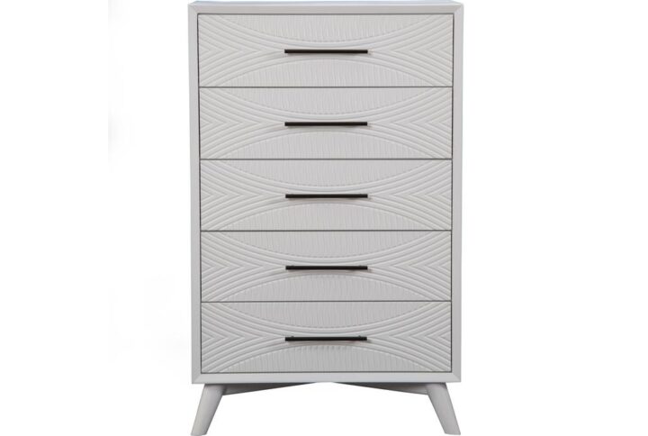 Classic White finish.  Quality crafted with Mahogany Wood Solids & Veneer.  Fully assembled.  French & English Dovetail drawer construction.  Felt lined top drawer(s).  Ball bearing metal drawer glides. 5 drawers for storage.  Alpine Furniture knows that certain things never go out of style. Their furniture products are designed and constructed with classic English and/or French dovetailing that provides a sturdy result and an unbeatable aesthetic. For over 20 years