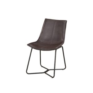 Bring a luxurious touch to any dining room with the Live Edge Faux Leather Dining Side Chairs. Its dark brown faux leather curved seat and back offers a comfortable bucket-like seat with a height of 17.5 inches. Decorative stitching is added in a cross pattern for visual interest and its black metal legs embodies a streamline silhouette.