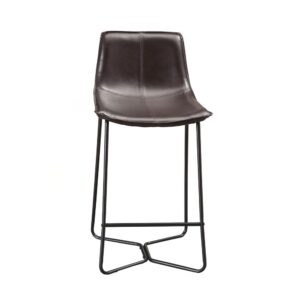 Bring a luxurious touch to any dining room with the Live Edge Faux Leather Pub Chairs. Its dark brown bonded-leather curved seat and back offers a comfortable bucket-like seat.  Decorative stitching is added in a cross pattern for visual interest and its black metal legs embodies a streamline silhouette.
