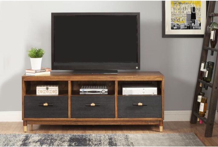 The Belham TV console with its beautiful two tone finish in Dark Walnut (Brown) and Black will surely compliment your homes aesthetic.  The unit features 3 easy to access drawers constructed with English Dovetail drawer construction and metal ball bearing drawer glides.  3 open shelves provide for additional storage for electronics or for the essentials you love the most.  From your favorite movies to your book collection or family photos
