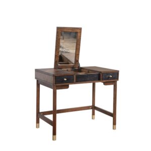 retract the top of this vanity table to reveal a beautiful mirror and a selection of organized felt lined compartments