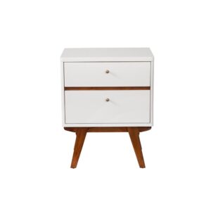 mid-century feel with this clean lined collection. The Dakota two drawer nightstand is structurally sound and constructed with Mahogany wood solids & veneer in a white finish and trendy acorn brown accents. The Dakota collection hints at subtle refinement
