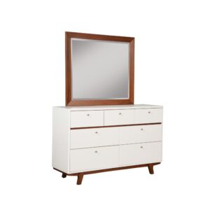 mid-century feel with this clean lined collection. The Dakota 7 drawer dresser is structurally sound and constructed with Mahogany wood solids & veneer in a white finish and trendy acorn brown accents. The Dakota collection hints at subtle refinement