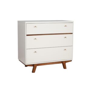 mid-century feel with this clean lined collection. The Dakota 3 drawer small chest is structurally sound and constructed with Mahogany wood solids & veneer in a white finish and trendy acorn brown accents. The Dakota collection hints at subtle refinement