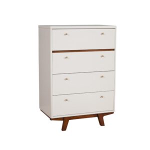 mid-century feel with this clean lined collection. The Dakota 4 drawer chest is structurally sound and constructed with Mahogany wood solids & veneer in a white finish and trendy acorn brown accents. The Dakota collection hints at subtle refinement