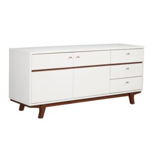The Dakota wood TV Console combines function with contemporary styling.  Mahogany solids and veneers are beautifully finished in White with Acorn trim and base