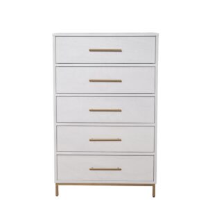 Add modern flair to your bedroom with the Madelyn White 5-Drawer Chest.  Providing storage for your essentials