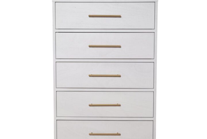 Add modern flair to your bedroom with the Madelyn White 5-Drawer Chest.  Providing storage for your essentials