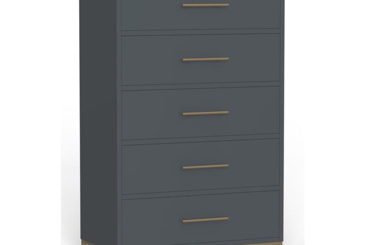 Add modern flair to your bedroom with the Madelyn Slate Gray 5-Drawer Chest.  Providing storage for your essentials