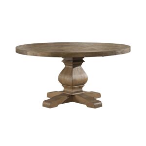 The Kensington round dining table is crafted from solid pine wood.  The table showcases a gorgeous pedestal base and boasts a beautiful inlay top. The Reclaimed Natural (brown) finish is warm and casual.  Add the 1 drawer/4 door Server and correlating dining chairs to complete the room.