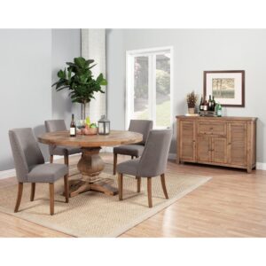 The Kensington round dining table is crafted from solid pine wood.  The table showcases a gorgeous pedestal base and boasts a beautiful inlay top. The Reclaimed Natural (brown) finish is warm and casual.  Add the 1 drawer/4 door Server and correlating dining chairs to complete the room.
