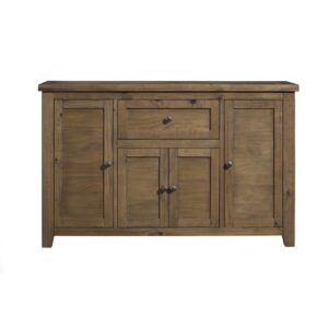 "The Kensington wood dining server is crafted from solid pine wood.  The server showcases a 1 drawer and 4 doors with areas for storage.