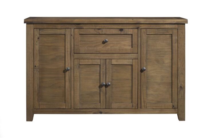 "The Kensington wood dining server is crafted from solid pine wood.  The server showcases a 1 drawer and 4 doors with areas for storage.