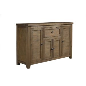 "The Kensington wood dining server is crafted from solid pine wood.  The server showcases a 1 drawer and 4 doors with areas for storage.