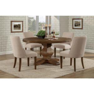 The Kensington round dining table is crafted from solid pine wood.  The table showcases a gorgeous pedestal base and boasts a beautiful inlay top. The walnut finish is warm and casual.  Add the 1 drawer/4 door Server and correlating dining chairs to complete the room.