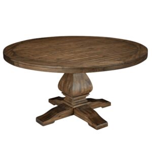 The Kensington round dining table is crafted from solid pine wood.  The table showcases a gorgeous pedestal base and boasts a beautiful inlay top. The walnut finish is warm and casual.  Add the 1 drawer/4 door Server and correlating dining chairs to complete the room.