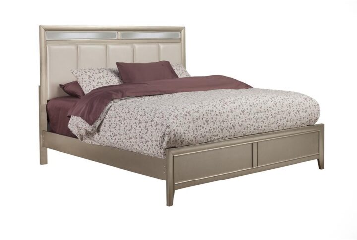 Silver Dreams panel bed features a beautiful silver finish. Alpine takes pride in the quality of the products they make. Constructed with Pine Wood Solids & Veneer.  Upholstery on the headboard features faux leather. Box spring is required.  Headboard also features mirror accents while the footboard has textured accents.  Mattress is not included.