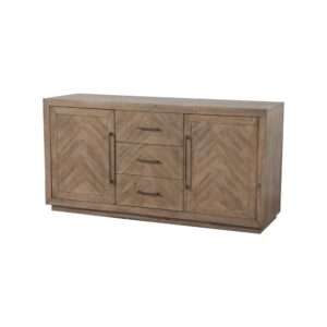this beautiful piece provides function and storage.  The front of the sideboard features an inlaid chevron pattern.  Brass hardware pulls accent the 2 cabinet doors and 3 drawers.  As an individual item