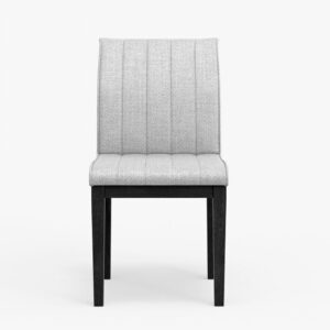 these chairs feature a graceful grayish fabric on the upholstered seat and back