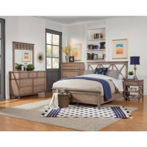the Potter Full Size Wood Panel Bed is easily suited for a cottage or coastal style bedroom setting with its gorgeous French Truffle (brown) finish. The unique open headboard design with cross-back detail and slanted-edge legs gives the bed a light and elevated appeal. Supporting sustainable methods