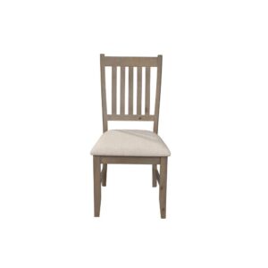 The Alpine Furniture Arlo slat back dining side chairs are made from solid pine wood for durability and a beautiful natural (brown) finish.  Seat cushion is beige in color to compliment the chair finish. This set includes two dining side chairs and coordinates with other pieces from the Arlo dining group sold separately.