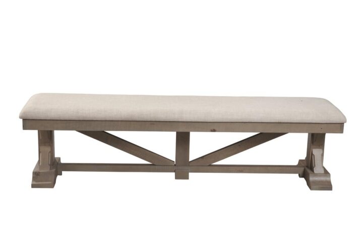 Looking for additional seating?  The Alpine Furniture Arlo upholstered dining bench is made from solid pine wood for durability and a beautiful natural (brown) finish. Trestle X base design. Seat cushion is beige in color to compliment the chair finish. Coordinates with other pieces from the Arlo dining group sold separately.