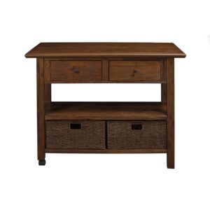 The Caldwell Kitchen Cart provides function in a warm rustic aesthetic.  The Antique Cappuccino wire brush finish works well in many environments.  Features include felt lined drawers