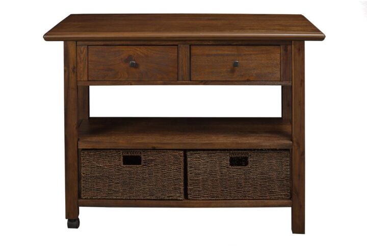 The Caldwell Kitchen Cart provides function in a warm rustic aesthetic.  The Antique Cappuccino wire brush finish works well in many environments.  Features include felt lined drawers