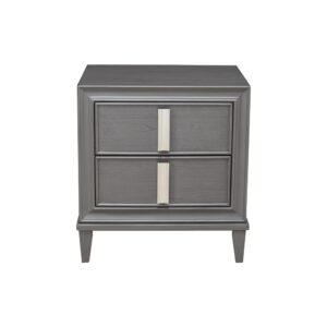 You can organize your living space and get the contemporary style that you deserve.  The Lorraine 2-Drawer Nightstand is a sophisticated design made from Pine solids.  The classic Dark Gray finish is accented by bold nickel hardware.  The top drawer is felt-lined