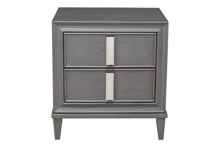 You can organize your living space and get the contemporary style that you deserve.  The Lorraine 2-Drawer Nightstand is a sophisticated design made from Pine solids.  The classic Dark Gray finish is accented by bold nickel hardware.  The top drawer is felt-lined