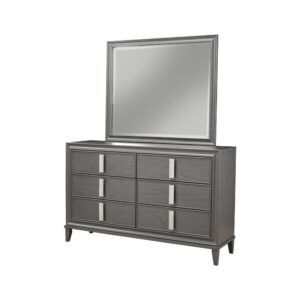 the beautiful Dark Gray finish highlights the Pine wood construction.  Eye-catching nickel drawer pulls and felt-lined top drawers complete the piece. Matching mirror available.  Coordinates with other pieces from the Alpine Furniture Lorraine bedroom collection sold separately.