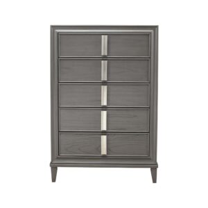 Extra storage and a sleek profile make the Lorraine 5-Drawer Chest a bedroom staple.  Made from Pine solids and veneers