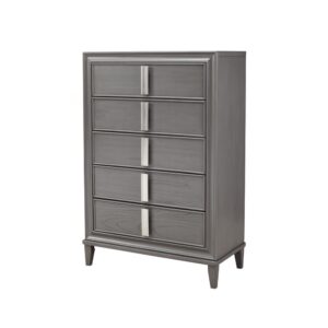 the Dark Gray finish and nickel hardware complete this contemporary silhouette.  Six drawers provide ample storage.  The top drawer is felt-lined