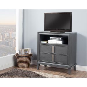 The Lorraine 2-Drawer Media Chest captures contemporary styling.  The rich grain of Pine solids is accented by the Dark Gray finish and nickel drawer handles.  The top drawer is felt-lined and the cubby for your components has wire management.