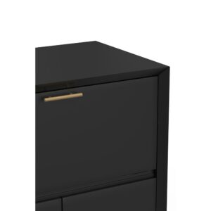 The Flynn Bar Cabinet is the perfect storage solution for mixing and serving beverages. It features a pull-down tray and two levels of storage for liquor bottles and wine glasses. Its sleek