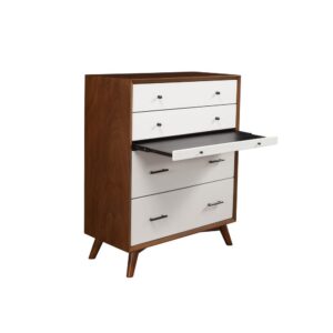 constructed of sustainably sourced solid Mahogany solids to ensure a lifetime of use.  The Flynn multi-function chest features 4 drawers for storage as well as a functional pull-out shelve. The case pieces in the correlating Flynn bedroom collection all provide a roomy storage solution and make it easy to create a cohesive decorating style or mix and match for a more personalized look.  This group combines the Acorn Brown and White finishes for a great looking two-tone option.