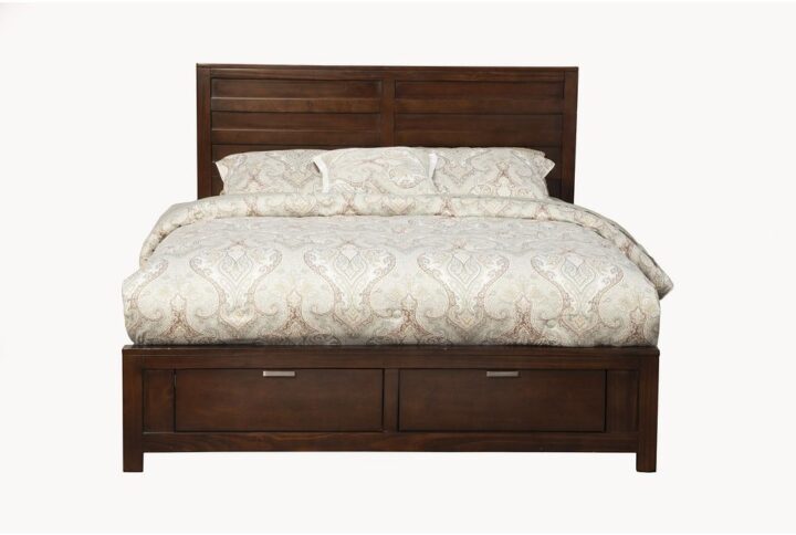 The Carmel Storage Platform Bed combines functionality and contemporary style.  The beautiful panel headboard is striking in a warm Cappuccino finish.  Two storage drawers provide a place to put pillows