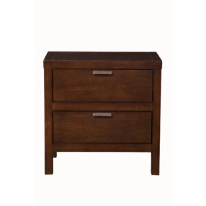 Clean lines and a touch of contemporary styling are the appeal of the Carmel 2-Drawer Nightstand.  Rich solids and veneers are highlighted by a rich Cappuccino finish.  Two storage drawers with nickel hardware provide spacious storage.  The off-the-floor design simplifies cleaning.  Coordinates with other pieces from the Alpine Furniture Carmel bedroom collection sold separately.