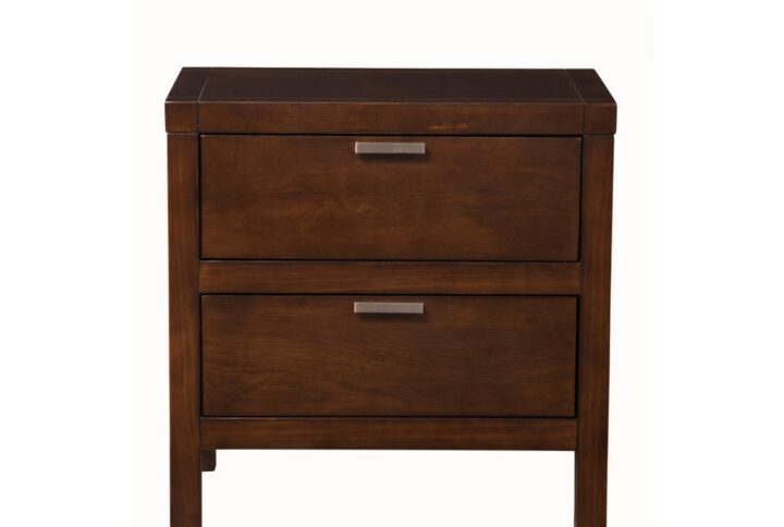 Clean lines and a touch of contemporary styling are the appeal of the Carmel 2-Drawer Nightstand.  Rich solids and veneers are highlighted by a rich Cappuccino finish.  Two storage drawers with nickel hardware provide spacious storage.  The off-the-floor design simplifies cleaning.  Coordinates with other pieces from the Alpine Furniture Carmel bedroom collection sold separately.