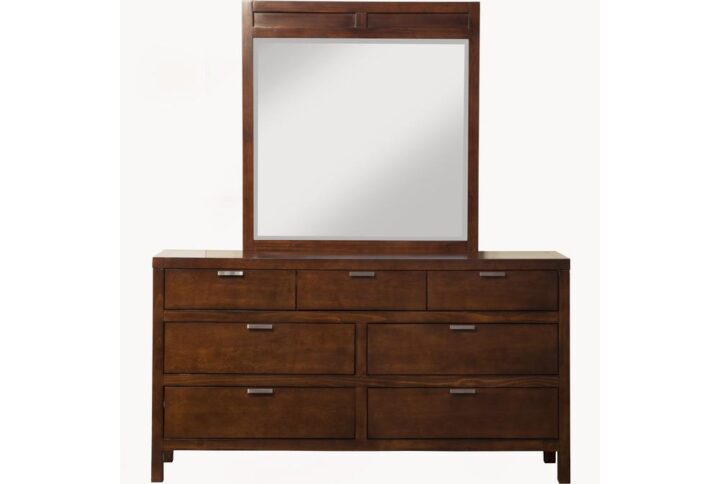 Bring contemporary charm to your bedroom ensemble while keeping clutter to a minimum with this stylish dresser.  The Carmel 7-Drawer Dresser showcases clean lines and a neutral Cappuccino finish to make decorating easy.  Features include top felt-lined drawers and nickel drawer handles.  Matching mirror available. Coordinates with other pieces from the Alpine Furniture Carmel bedroom collection sold separately.