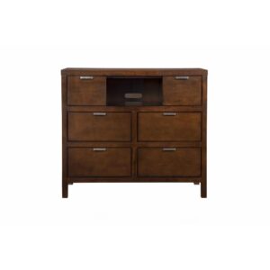The Carmel 5-Drawer Media Chest is a great choice to combine the function of a TV stand with storage.  Crafted from hardwood solids and veneers