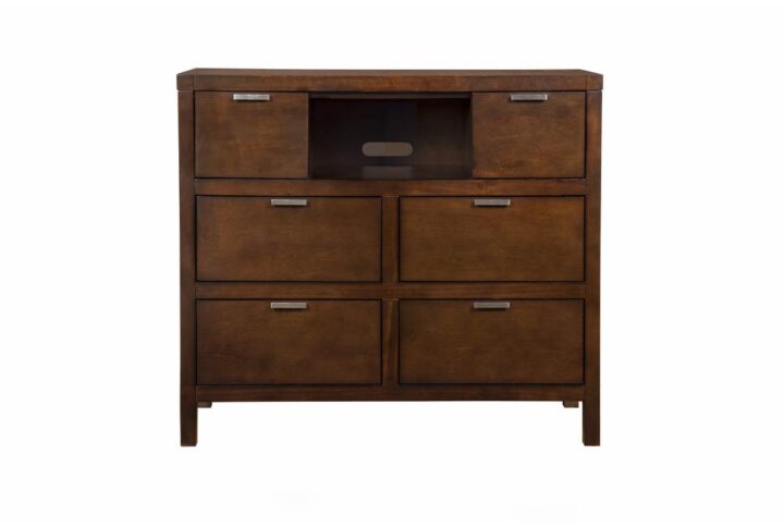 The Carmel 5-Drawer Media Chest is a great choice to combine the function of a TV stand with storage.  Crafted from hardwood solids and veneers