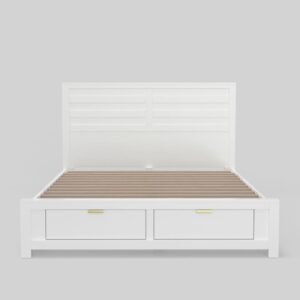 The Carmel Storage Platform Bed combines functionality and contemporary style.  The beautiful panel headboard is striking in a white finish.  Two storage drawers provide a place to put pillows