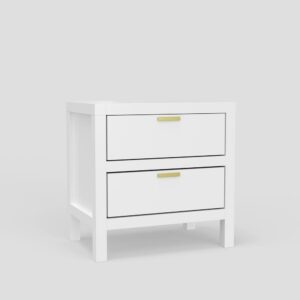 Clean lines and a touch of contemporary styling are the appeal of the Carmel 2-Drawer Nightstand.  Rich solids and veneers are highlighted by a white finish.  Two storage drawers with nickel hardware provide spacious storage.  The off-the-floor design simplifies cleaning.  Coordinates with other pieces from the Alpine Furniture Carmel bedroom collection sold separately.