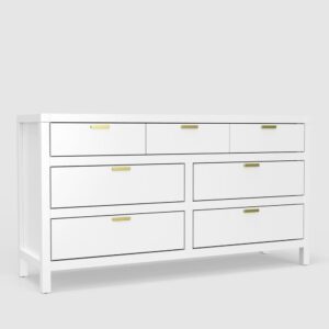Bring contemporary charm to your bedroom ensemble while keeping clutter to a minimum with this stylish dresser.  The Carmel 7-Drawer Dresser showcases clean lines and a white finish to make decorating easy.  Features include top felt-lined drawers and nickel drawer handles.  Matching mirror available. Coordinates with other pieces from the Alpine Furniture Carmel bedroom collection sold separately.