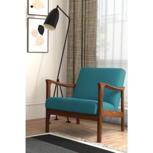 The Zephyr Slate Lounge chair features a solid wood frame. Its comfortable foam padded seat and durable turquoise fabric upholstery makes it perfect for leaning into a boisterous conversation or reading your favorite book.  Add the matching footrest and quietly contemplating your next move. With a warm Medium Brown finish